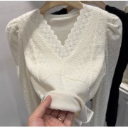 設計感花邊V領泡泡袖加絨加厚蕾絲衫