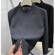 設計感雙拉鏈半高領磨毛德絨長袖T恤開衫