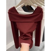 設計感方領露背長袖T恤