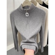 半拉鏈高領磨毛坑條長袖T恤