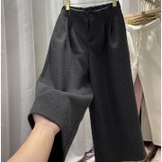 鬆緊高腰毛呢休閒闊腿褲